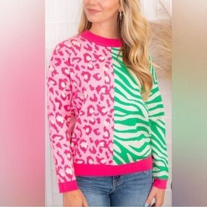 THML TOO WILD COLORBLOCK PINK AND GREEN SWEATER XL